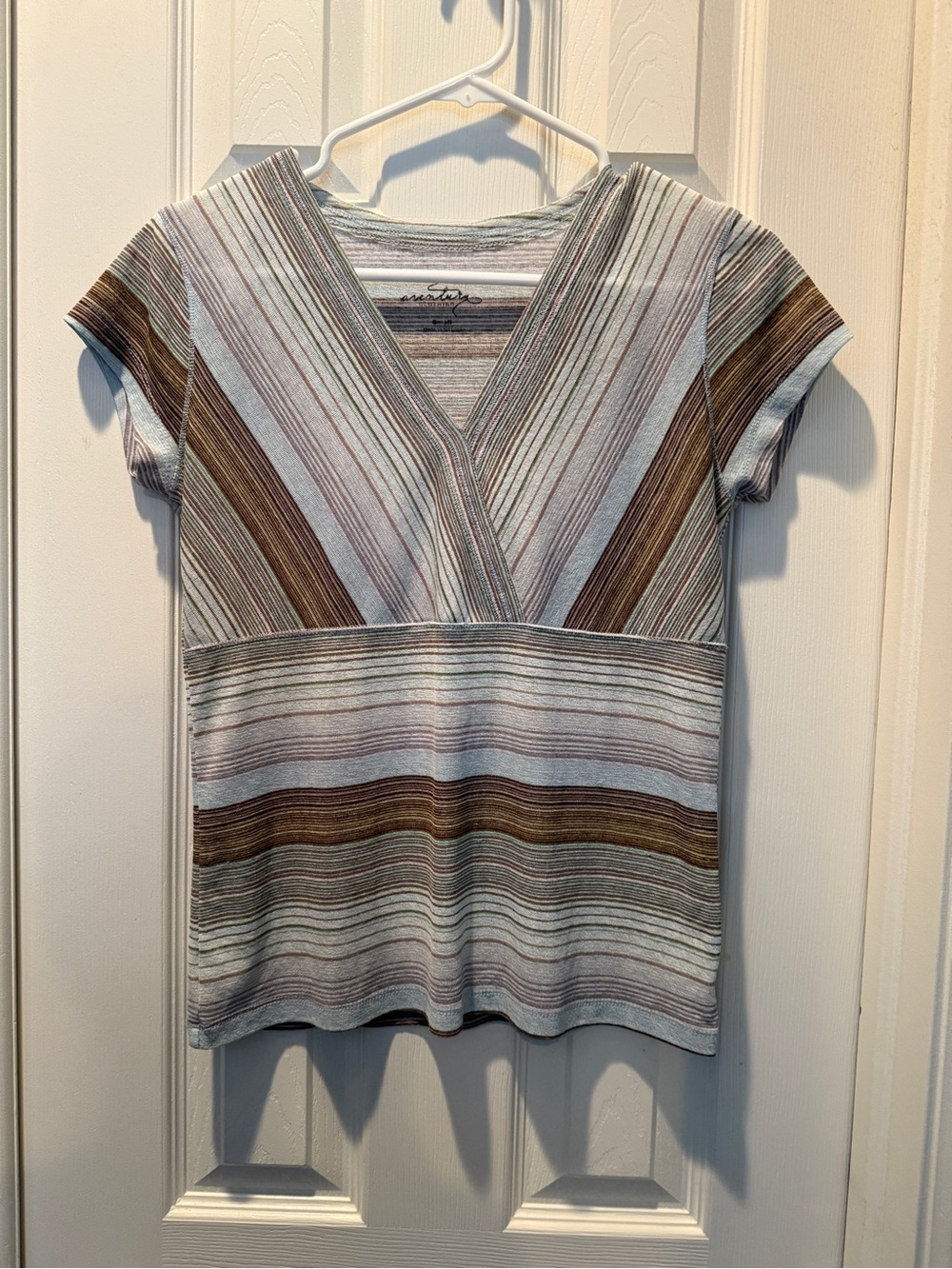 Aventura Striped V‑Neck Short Sleeve Top in Light Blue, Brown and Cream